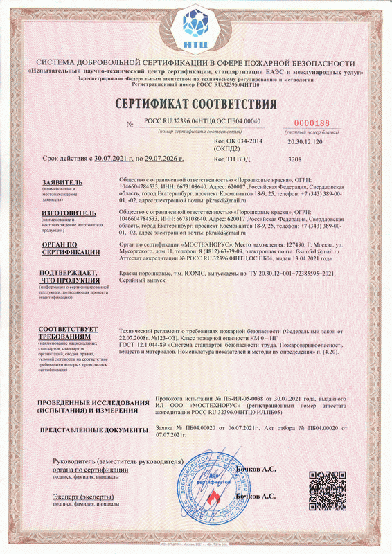 Сертификат соответствия для порошковых красок ICONIC (1)